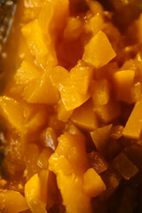 Cheesecakes with whipped cream and peach pieces breakfast dessert