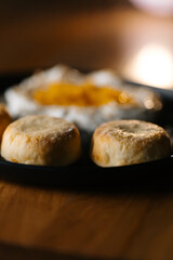 Juicy peach pieces in syrup macro food background