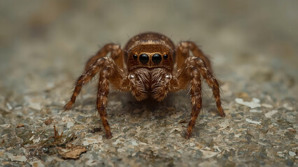 Front view macro shot of a jumping spider with detailed eyes and hairy body on ground surface
