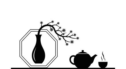 Elegant tea time illustration with floral vase and steaming cup