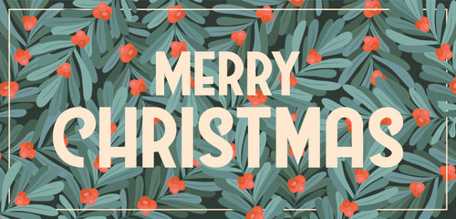 Merry Christmas vector banner with hand drawn mistletoe branches and lettering isolated on green background. Holiday botanical  template for greeting card, invitation print, web design