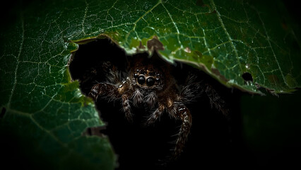 Macro Jumping Spider Peeking Through Leaf Hole
