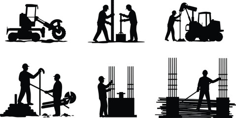 Construction workers installing steel reinforcement bars and concrete columns on building site using heavy machinery and tools for structural foundation work