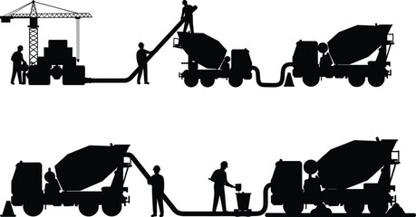 Construction workers operating concrete mixer trucks, pouring cement, and managing industrial construction site process with heavy machinery and teamwork efficiency
