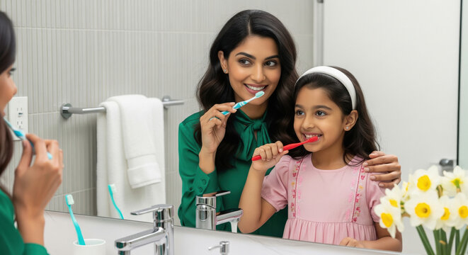 Smiling mother and daughter bond while brushing teeth
