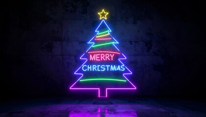 Neon Christmas Tree with Merry Christmas Message on Dark Background.