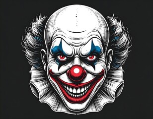 Spooky clown face with menacing grin, red eyes, and frilly collar