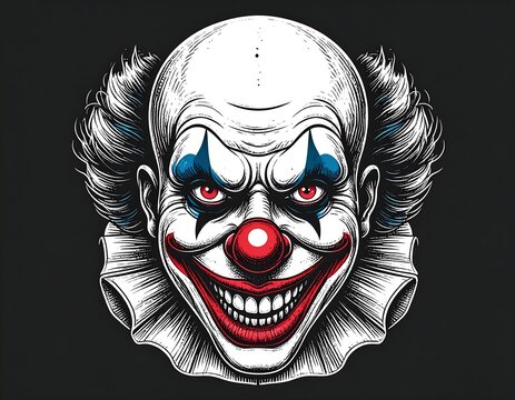 Spooky clown face with menacing grin, red eyes, and frilly collar