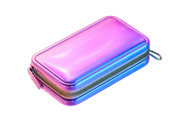 A holographic, rectangular case with a zipper, exhibiting a glossy, iridescent sheen