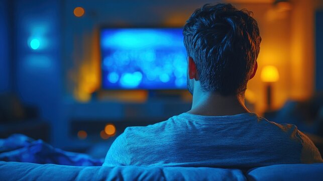 Late at night, a person sits in front of a large screen, immersed in a gaming session while surrounded by warm ambient lights and a city backdrop.