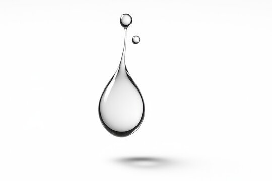 Clear gel drop suspended mid air with two smaller satellite drops trailing and a thin filament connecting them