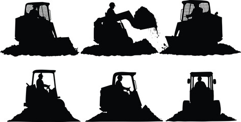 Obraz premium Construction workers operating skid steer loaders moving soil piles, heavy machinery equipment silhouette for excavation, earthwork and industrial ground preparation tasks
