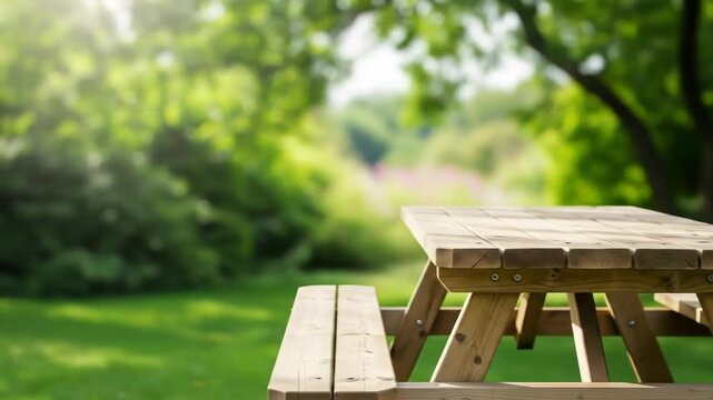 A wooden picnic table sits in a sunny garden with lush green foliage blurred in the background
