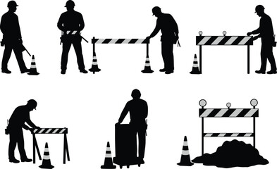 Construction workers placing safety barriers and traffic cones, road maintenance warning setup, highway repair safety zone preparation under construction site
