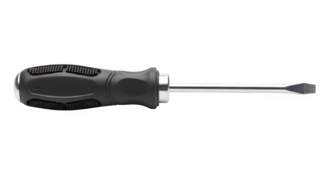 Black handled flathead screwdriver isolated on black background