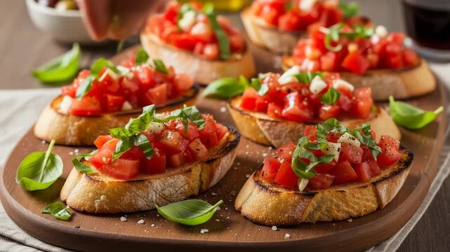 Close-up of bruschetta topped with tomatoes, basil, and garlic on a wooden board