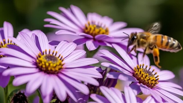 A bee approaches a lavender aster flower, wings blurred, other flowers in soft focus