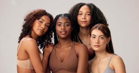 Obraz premium Beauty, diversity and portrait of friends in studio for skincare, inclusion and self care community. Dermatology, aesthetic and solidarity with group of people on white background for salon and glow