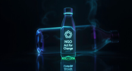 Conceptual image of a transparent bottle with the inscription ngo act for change, symbolizing environmental activism and sustainability efforts, set against a dark background