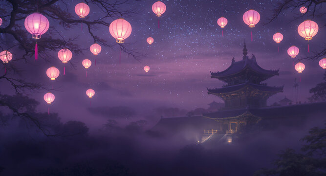 Enchanting night scene featuring a traditional asian temple illuminated by soft light, surrounded by a mystical fog and adorned with numerous glowing pink lanterns floating in the sky