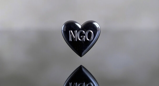 Closeup studio shot of a black heart with the letters ngo engraved on it, symbolizing nongovernmental organizations and their work, with a blurred background and reflection