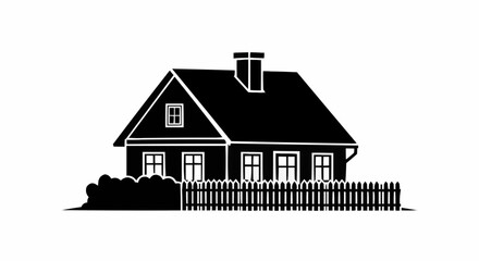 Silhouette of a Charming House with a Picket Fence and Chimney.