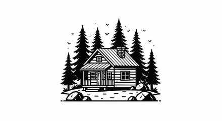 Rustic cabin nestled amidst towering pine trees and serene landscape.