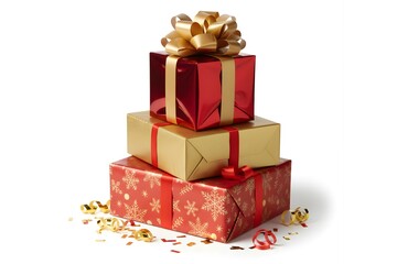 Obraz premium Stack of Red and Gold Christmas Gift Boxes Isolated on White Background