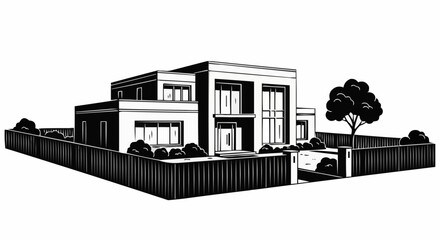 Modern architectural house with a fence and a tree in front of it.