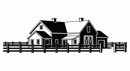 Monochrome Farmhouse Illustration with Picket Fence in Rural Setting.
