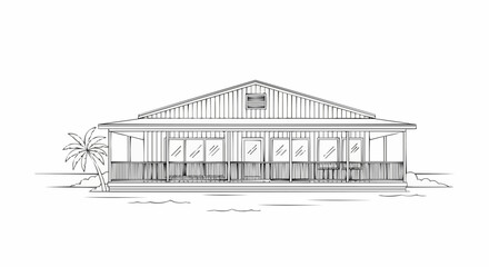 Detailed Line Drawing of a Classic Porch House.