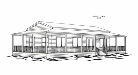 Detailed Line Art Illustration of a Coastal House with Wrap-Around Porch.