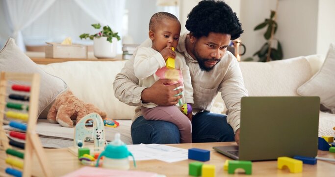 Review, toddler or father with laptop for remote work, check online transaction or account management. Bookkeeping, childcare or man with girl for digital audit, reading bank statement or multitask