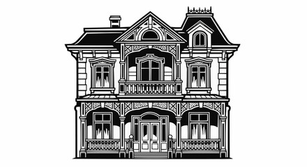 Detailed black and white illustration of a grand Victorian house.