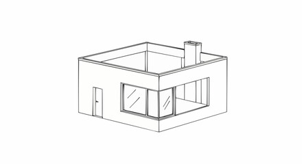 Modern House Sketch with Large Windows and Chimney.