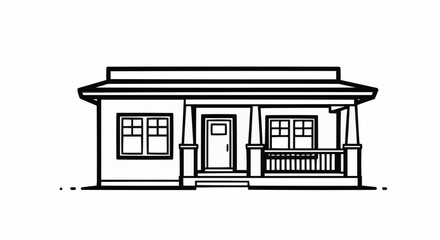 Minimalist black and white line art of a single story house.
