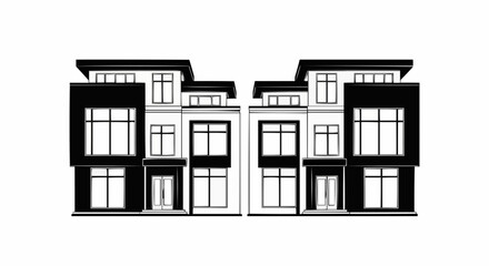 Modern Townhouses Black and White Illustration.
