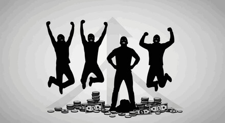 Four Silhouetted People Celebrating Success with Money.