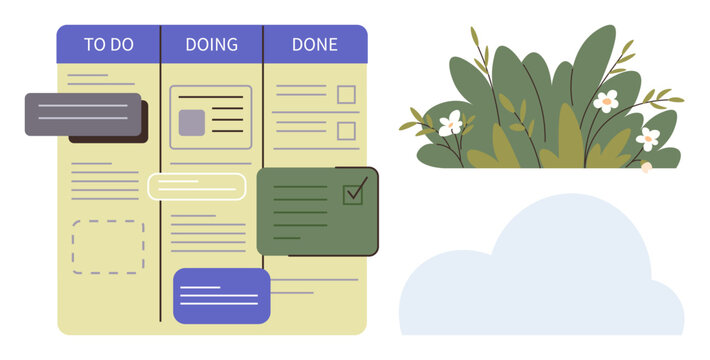 Kanban board categorizing tasks as To Do, Doing, Done with task cards, greenery and cloud motif. Ideal for productivity, project management, organization, planning, workflow teamwork and simplicity