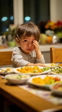A Solemn Meal: Capturing the poignancy of a child's tear-stained face amidst a table laden with food, a portrait of solitude and perhaps, a hint of unspoken longing. 