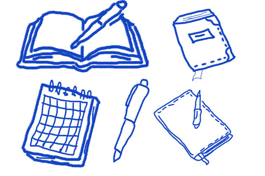 Blue hand-drawn stationery items: books, calendar, pens, notepad