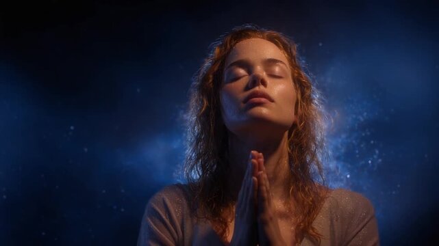 Inner Peace and Serenity: A woman in deep meditation, radiating tranquility and introspection, bathed in the soft glow of celestial light. 