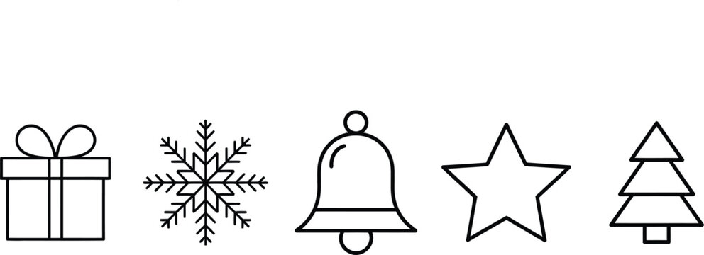 Christmas Holiday Icons Vector Set: Gift, Snowflake, Bell, Star, and Tree