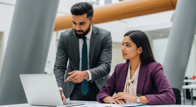 Diverse business professionals collaborate on laptop in modern office