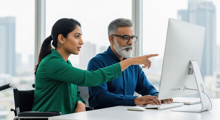 Diverse Professionals Collaborating on Digital Project in Modern Office