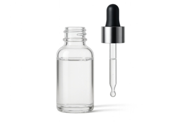 A Clear Liquid in a Glass Bottle: Featuring a glass bottle filled with a clear liquid, with a dropper. it highlights the purity and transparency of the product.