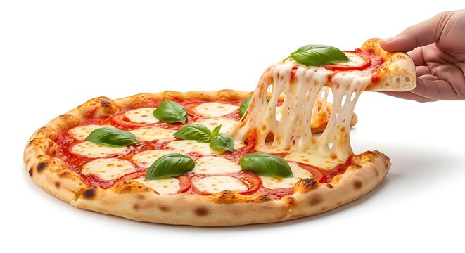 Hand pulling slice of fresh pizza margherita