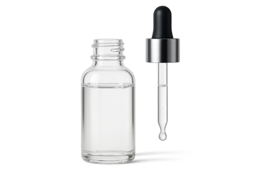 A Clear Liquid in a Glass Bottle: Featuring a glass bottle filled with a clear liquid, with a dropper. it highlights the purity and transparency of the product.