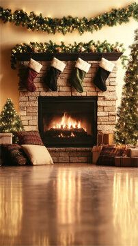 Un c&aacute;lido y acogedor fondo navide&ntilde;o para sala de estar: chimenea iluminada, &aacute;rbol de Navidad decorado con luces, calcetines navide&ntilde;os colgando, luces bokeh suaves, ambiente cinematogr&aacute;fico