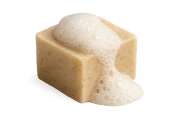 Cleansing Cube and Bubbles: A square bar of soap exudes a rich, frothy lather, embodying the essence of cleanliness and rejuvenation.